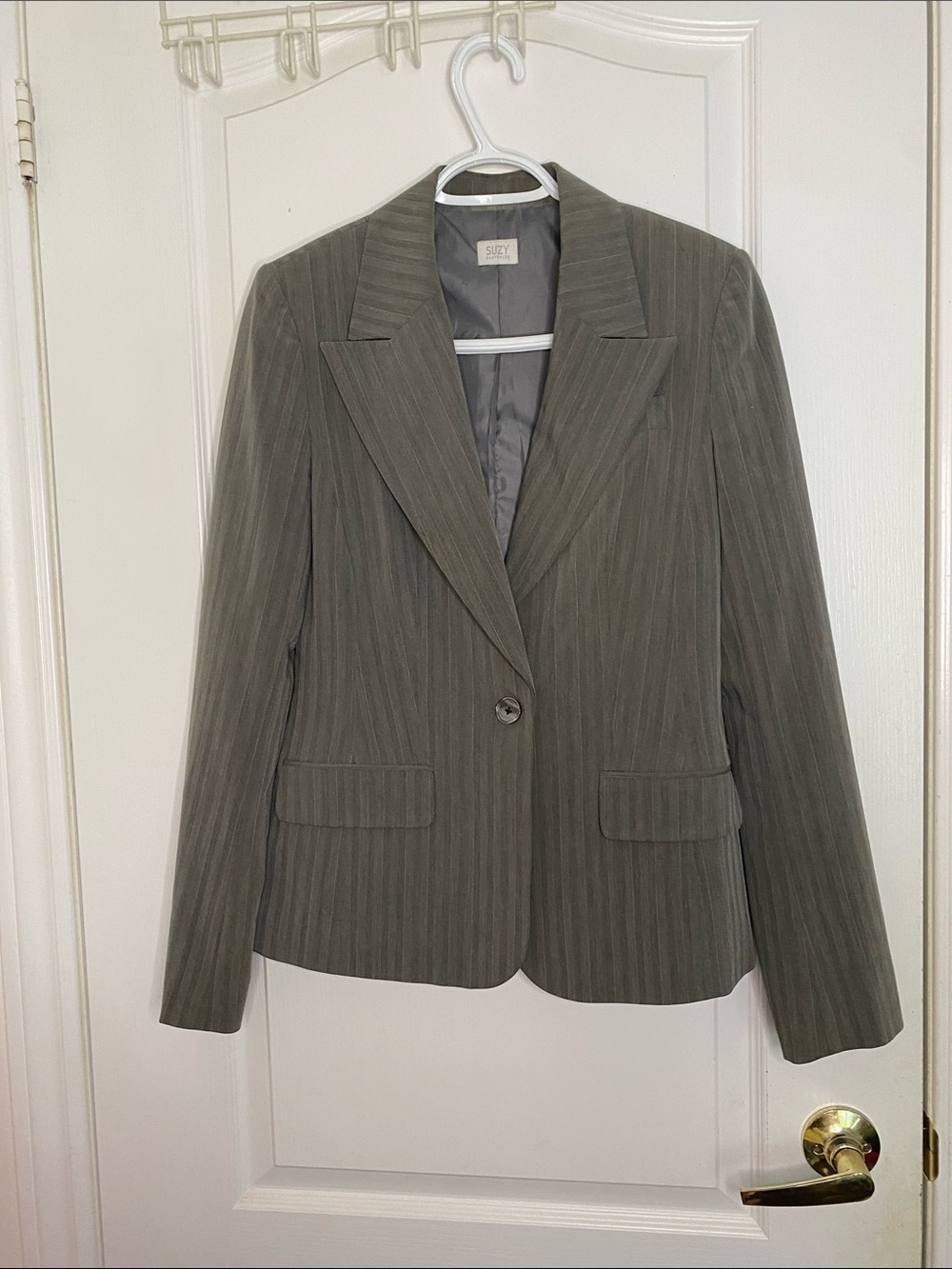 Suzy Shier Olive Pinstripe Single-Button Blazer